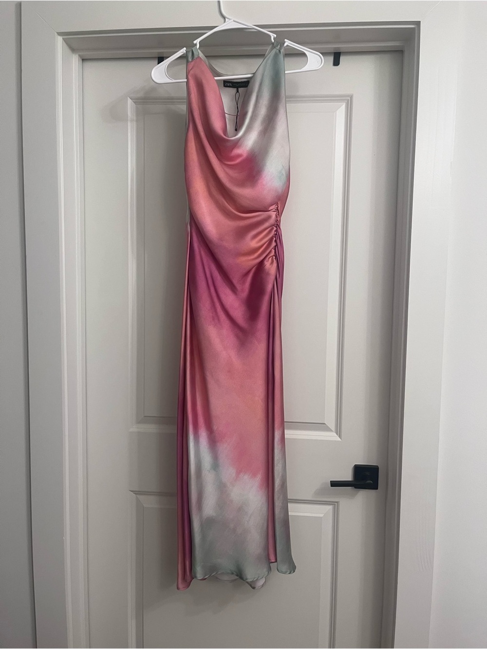 Zara Pink and Mint Satin Cowl Neck Maxi Dress